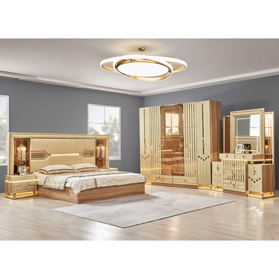 2025 Nouveau design moderne King Size Lit en cuir double Suite Chambre principale Ensemble complet de luxe en bois 5 pièces de meubles de maison Ensembles de chambre