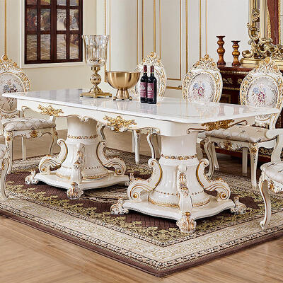 Table à manger en bois blanc de luxe de la famille royale française, ensemble de 6 sièges, chaises et fauteuils, meubles de villa, ensemble de grande salle à manger en bois classique européen