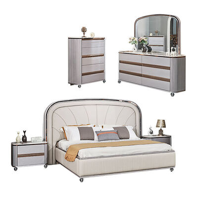 Lit double en cuir de luxe contemporain Ensemble de chambre à coucher complet Maître de chambre cadre en bois Ensemble de meubles de chambre moderne King Size
