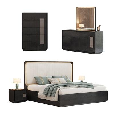 Lit minimaliste de taille royale Luxe ensemble de chambre Hôtel Appartement Armature en bois Ensemble de meubles de chambre moderne avec placard