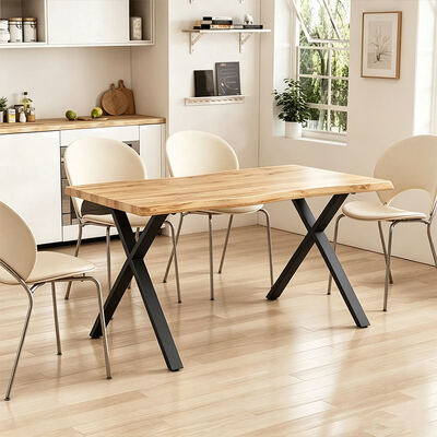 Table à manger à bord en direct de style minimaliste Base métallique Meubles de salle à manger en bois Table à manger moderne Ensemble de 6 places