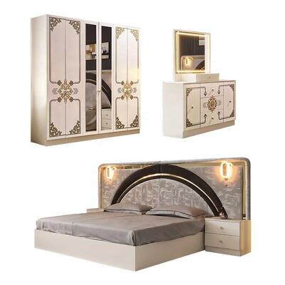 Ensemble de chambre à coucher complet en or blanc de luxe moderne, tête de lit à LED haute brillance, lit king size, cadre en bois, ensemble de meubles de chambre principale
