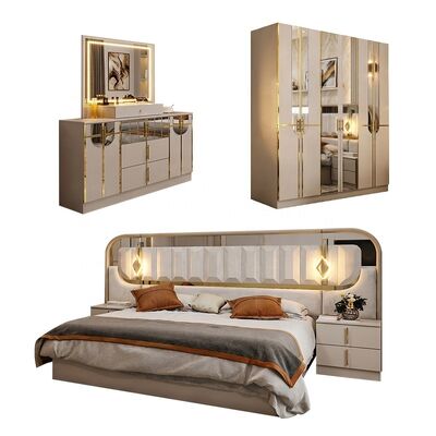 Ensemble complet de chambre à coucher de luxe royal à finition brillante, lit king size, 5 pièces, cadre en bois, ensemble de meubles de chambre à coucher turcs modernes