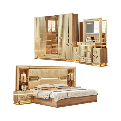 2025 Nouveau design moderne King Size Lit en cuir double Suite Chambre principale Ensemble complet de luxe en bois 5 pièces de meubles de maison Ensembles de chambre