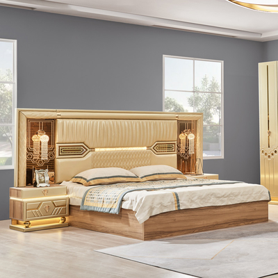 2025 Nouveau design moderne King Size Lit en cuir double Suite Chambre principale Ensemble complet de luxe en bois 5 pièces de meubles de maison Ensembles de chambre