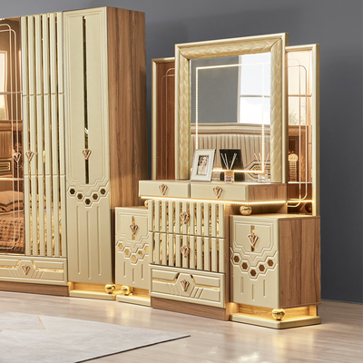 2025 Nouveau design moderne King Size Lit en cuir double Suite Chambre principale Ensemble complet de luxe en bois 5 pièces de meubles de maison Ensembles de chambre