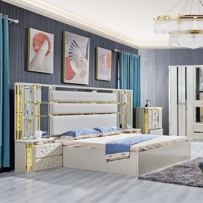 Villa de luxe moderne en bois cadre king size lit maison royale classique en bois double cuir queen ensemble de meubles de chambre complète