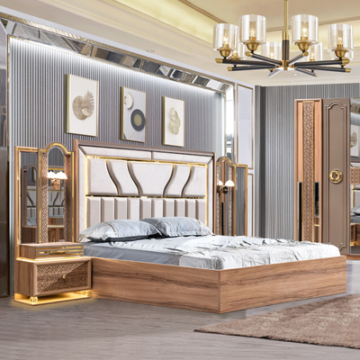 Style turc de luxe cadre en bois de taille royale lit ensemble tête de lit Led moderne classique maison complète meubles de chambre en bois