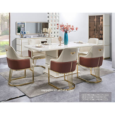 Ensemble de salle à manger de luxe moderne blanc 6 places, meubles de salle à manger en bois, ensemble complet de table à manger avec cadre en bois et 4 chaises