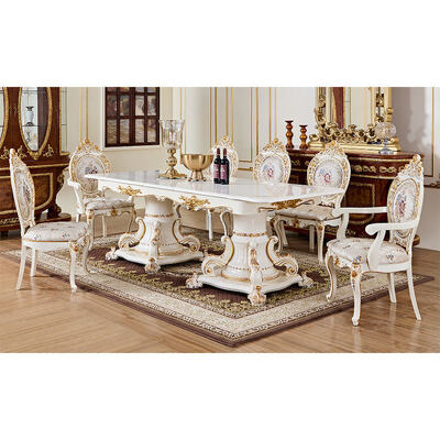 Table à manger en bois blanc de luxe de la famille royale française, ensemble de 6 sièges, chaises et fauteuils, meubles de villa, ensemble de grande salle à manger en bois classique européen