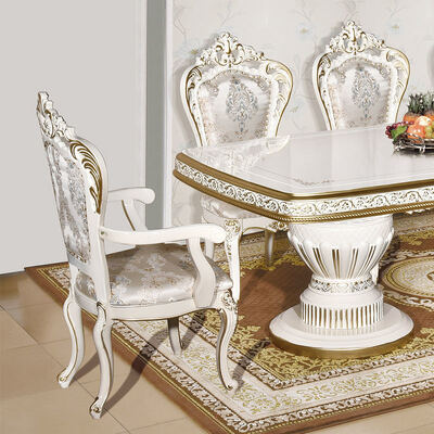 Ensemble de table à manger en bois classique antique blanc avec 6 chaises, style européen, royal, grand, en bois, luxe, pour la maison, ensembles de salle à manger, meubles