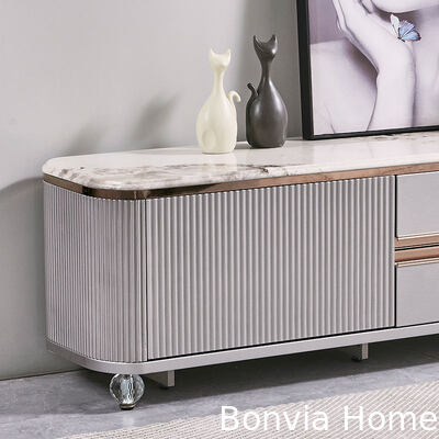 Meuble TV de luxe design moderne en bois, rangement tiroirs, plateau en marbre ardoise, grand meuble TV long en bois pour salon