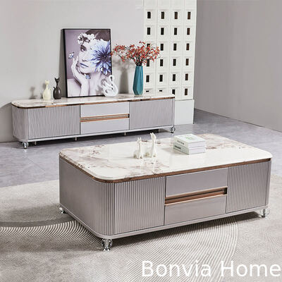 Meuble TV de luxe design moderne en bois, rangement tiroirs, plateau en marbre ardoise, grand meuble TV long en bois pour salon