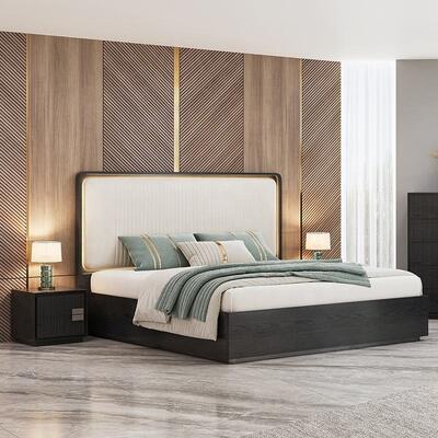 Lit minimaliste de taille royale Luxe ensemble de chambre Hôtel Appartement Armature en bois Ensemble de meubles de chambre moderne avec placard