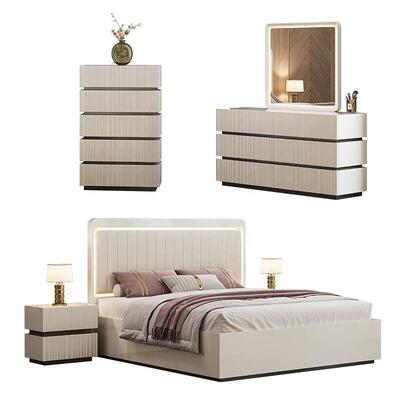 Modern Luxury King Size Chambre à coucher Ensemble de lit double LED Table d'entrée Hôtel Maison Chambre principale Ensemble complet de meubles de chambre en bois