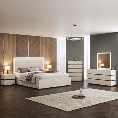 Modern Luxury King Size Chambre à coucher Ensemble de lit double LED Table d'entrée Hôtel Maison Chambre principale Ensemble complet de meubles de chambre en bois
