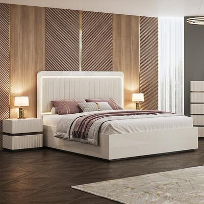 Modern Luxury King Size Chambre à coucher Ensemble de lit double LED Table d'entrée Hôtel Maison Chambre principale Ensemble complet de meubles de chambre en bois
