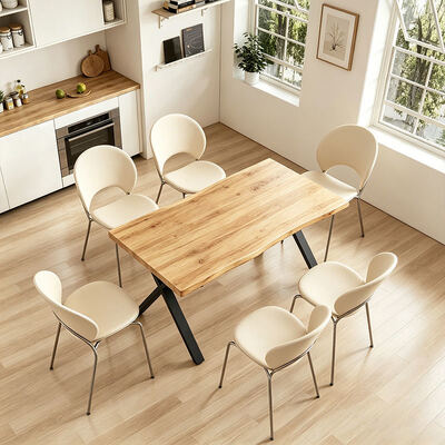 Table à manger à bord en direct de style minimaliste Base métallique Meubles de salle à manger en bois Table à manger moderne Ensemble de 6 places