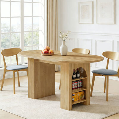 Factory Wholesale Extendable Dining Table Set 6 Seater Home Dining Room Oval Wooden Folding Dining Table with Storage Shelves