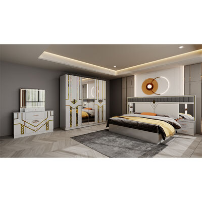 Ensemble de meubles de chambre à coucher de luxe en bois de taille Queen Size, lit King Size double en cuir au design moderne, armoire et commode, ensemble complet
