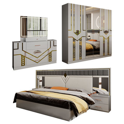 Ensemble de meubles de chambre à coucher de luxe en bois de taille Queen Size, lit King Size double en cuir au design moderne, armoire et commode, ensemble complet
