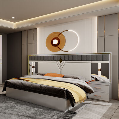 Ensemble de meubles de chambre à coucher de luxe en bois de taille Queen Size, lit King Size double en cuir au design moderne, armoire et commode, ensemble complet