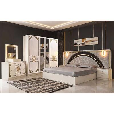 Ensemble de chambre à coucher complet en or blanc de luxe moderne, tête de lit à LED haute brillance, lit king size, cadre en bois, ensemble de meubles de chambre principale