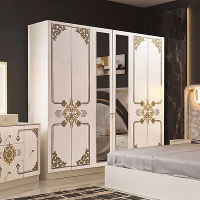 Ensemble de chambre à coucher complet en or blanc de luxe moderne, tête de lit à LED haute brillance, lit king size, cadre en bois, ensemble de meubles de chambre principale
