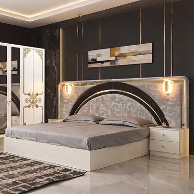 Ensemble de chambre à coucher complet en or blanc de luxe moderne, tête de lit à LED haute brillance, lit king size, cadre en bois, ensemble de meubles de chambre principale