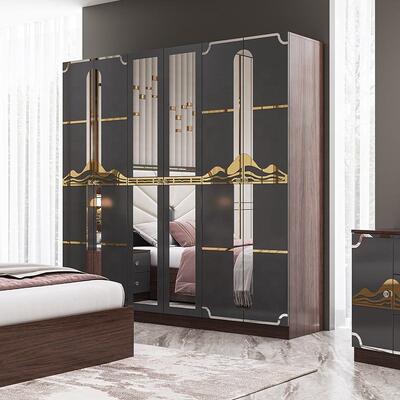 Ensemble de meubles de chambre à coucher de luxe moderne, cadre en bois, lit king size gris laqué brillant, suite de chambre principale, meubles d'ensemble de chambre turque