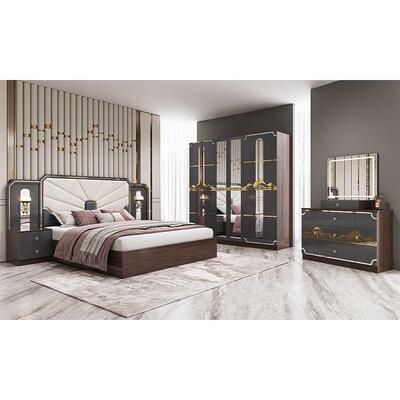 Ensemble de meubles de chambre à coucher de luxe moderne, cadre en bois, lit king size gris laqué brillant, suite de chambre principale, meubles d'ensemble de chambre turque