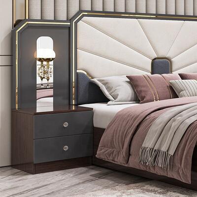 Ensemble de meubles de chambre à coucher de luxe moderne, cadre en bois, lit king size gris laqué brillant, suite de chambre principale, meubles d'ensemble de chambre turque