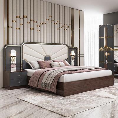 Ensemble de meubles de chambre à coucher de luxe moderne, cadre en bois, lit king size gris laqué brillant, suite de chambre principale, meubles d'ensemble de chambre turque