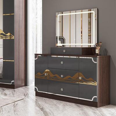Ensemble de meubles de chambre à coucher de luxe moderne, cadre en bois, lit king size gris laqué brillant, suite de chambre principale, meubles d'ensemble de chambre turque
