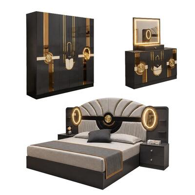 Ensemble de chambre à coucher de luxe royale turque de taille king chambre à coucher suite éclairée tête de lit cadre en bois Ensemble de meubles de chambre moderne