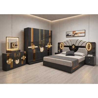 Ensemble de chambre à coucher de luxe royale turque de taille king chambre à coucher suite éclairée tête de lit cadre en bois Ensemble de meubles de chambre moderne