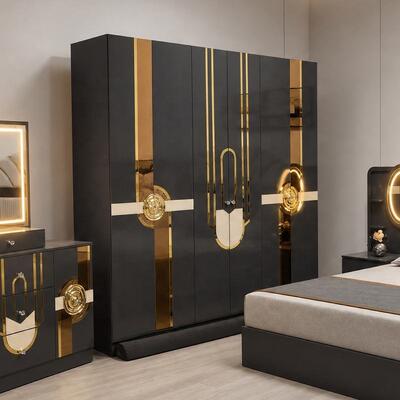 Ensemble de chambre à coucher de luxe royale turque de taille king chambre à coucher suite éclairée tête de lit cadre en bois Ensemble de meubles de chambre moderne