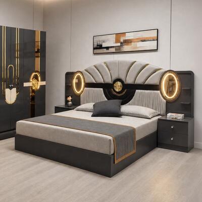 Ensemble de chambre à coucher de luxe royale turque de taille king chambre à coucher suite éclairée tête de lit cadre en bois Ensemble de meubles de chambre moderne