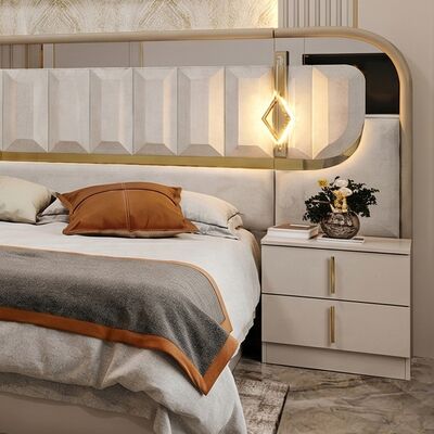 Ensemble complet de chambre à coucher de luxe royal à finition brillante, lit king size, 5 pièces, cadre en bois, ensemble de meubles de chambre à coucher turcs modernes