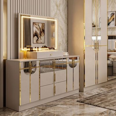 Ensemble complet de chambre à coucher de luxe royal à finition brillante, lit king size, 5 pièces, cadre en bois, ensemble de meubles de chambre à coucher turcs modernes