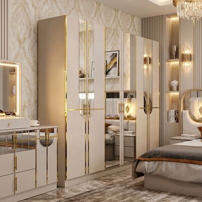 Ensemble complet de chambre à coucher de luxe royal à finition brillante, lit king size, 5 pièces, cadre en bois, ensemble de meubles de chambre à coucher turcs modernes