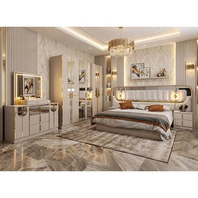 Ensemble complet de chambre à coucher de luxe royal à finition brillante, lit king size, 5 pièces, cadre en bois, ensemble de meubles de chambre à coucher turcs modernes