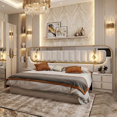 Ensemble complet de chambre à coucher de luxe royal à finition brillante, lit king size, 5 pièces, cadre en bois, ensemble de meubles de chambre à coucher turcs modernes