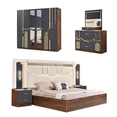2026 Style Turquie Luxe chambre à coucher ensemble King Taille Lit Suite Maître Chambre cadre en bois pas cher en gros Ensemble de meubles de chambre moderne