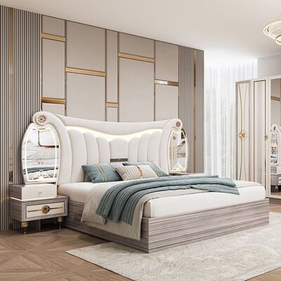 Ensemble de meubles de chambre à coucher moderne de grande taille luxueux éclairé Tête de lit double Ensemble de lit en bois cadre complet maison turque master ensemble de chambre à coucher