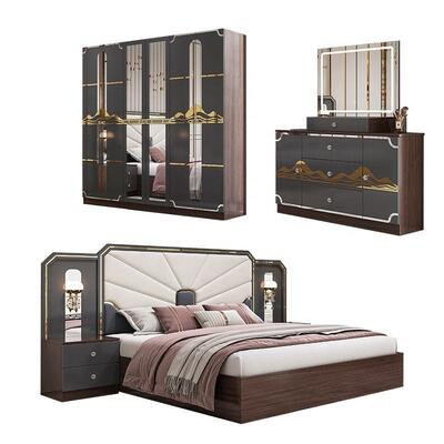 Ensemble de meubles de chambre à coucher de luxe moderne, cadre en bois, lit king size gris laqué brillant, suite de chambre principale, meubles d'ensemble de chambre turque